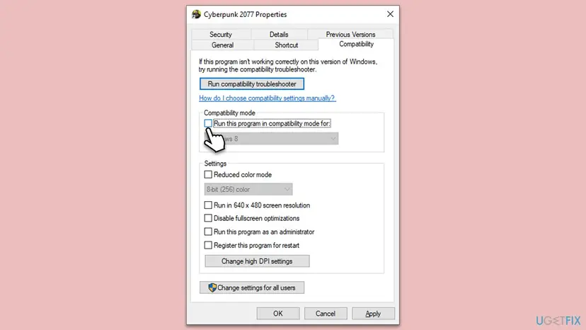Properties window of a game on the Compatibility tab with the Run this program in compatibility mode for box being unticked