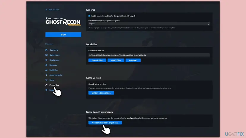 Ubisoft Connect game page with Properties selected on the left and the Add command line arguments button under Game launch arguments