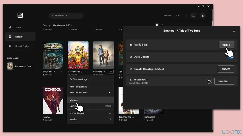 Epic Games Library with Manage chosen in a game's menu and the Verify button in the Verify Files row of the side panel