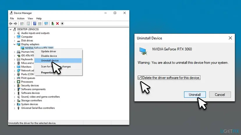 Device Manager on Windows 10 with Uninstall device selected for an NVIDIA GeForce RTX 3060 and the Delete the driver software for this device box ticked