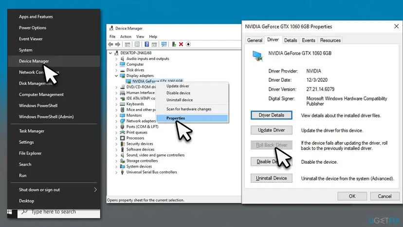 Windows 10 Device Manager with Properties of an NVIDIA GeForce GTX 1060 open on the Driver tab and the Roll Back Driver button