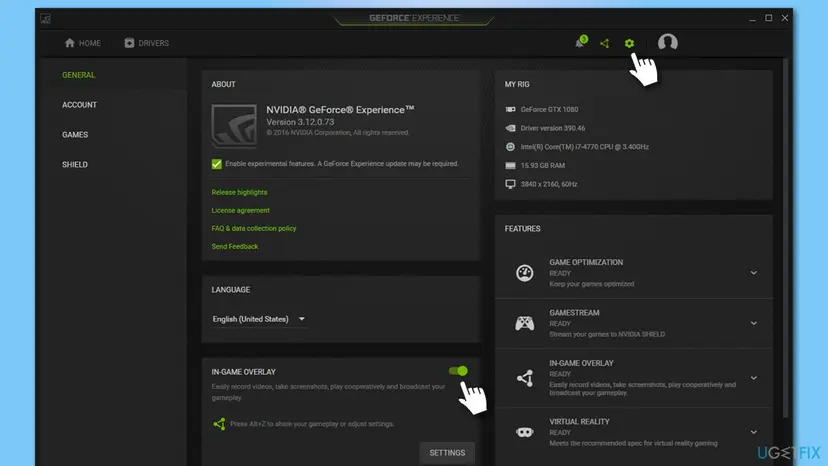 NVIDIA GeForce Experience settings window with the In-Game Overlay toggle highlighted