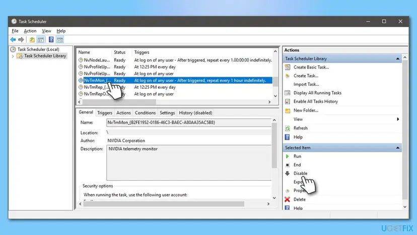 Task Scheduler window highlighting an NVIDIA task and the Disable command on the right