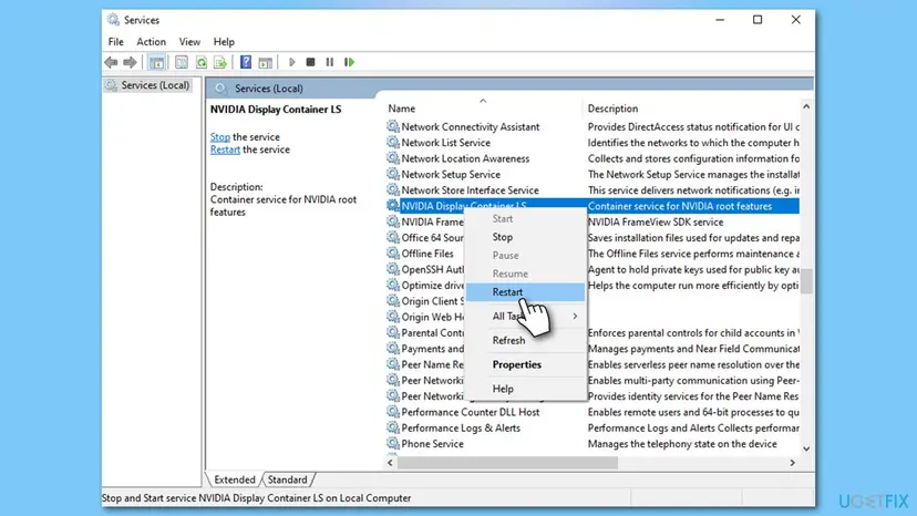 Restarting the NVIDIA Display Container LS service in the Windows Services window