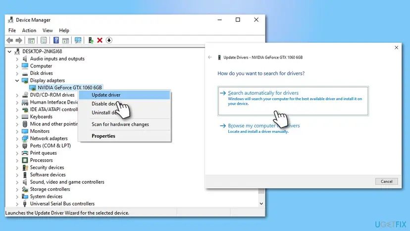Device Manager and Update Drivers window with the Search automatically for drivers option