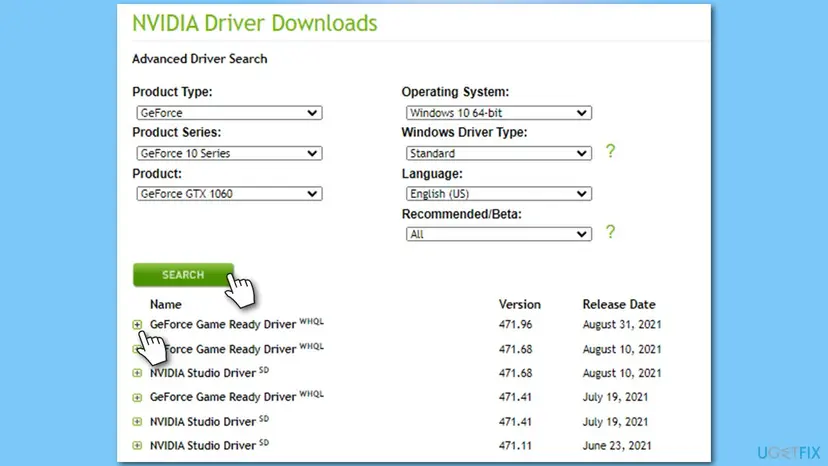 NVIDIA Driver Downloads advanced search page displaying a list of available drivers