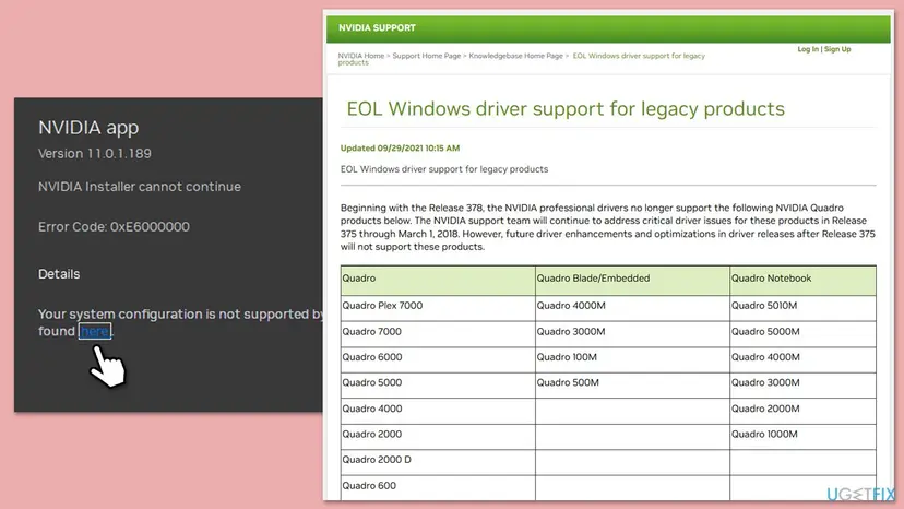 NVIDIA app installer window with the text NVIDIA Installer cannot continue, Error Code 0xE6000000, next to the NVIDIA support page that the link in the message opens