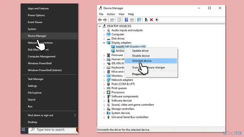 Device Manager with Display adapters expanded: an Intel and an NVIDIA graphics card are listed and the right-click menu of the card is open
