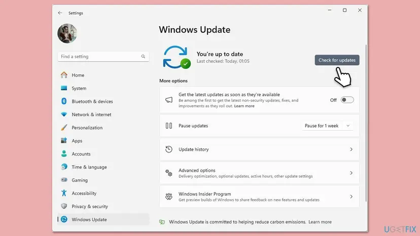 Windows 11 Settings on the Windows Update page with the Check for updates button and the status You are up to date