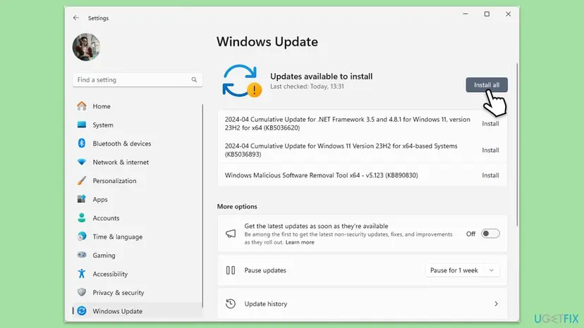 Windows 11 Settings on the Windows Update page with updates available to install and the Install all button