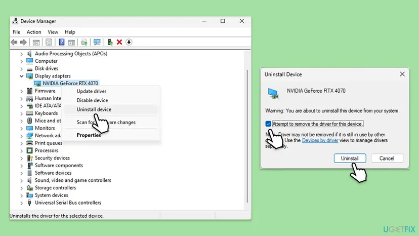 Device Manager on Windows 11 with an NVIDIA GeForce RTX 4070 under Display adapters and the Uninstall Device dialog with the remove driver box ticked