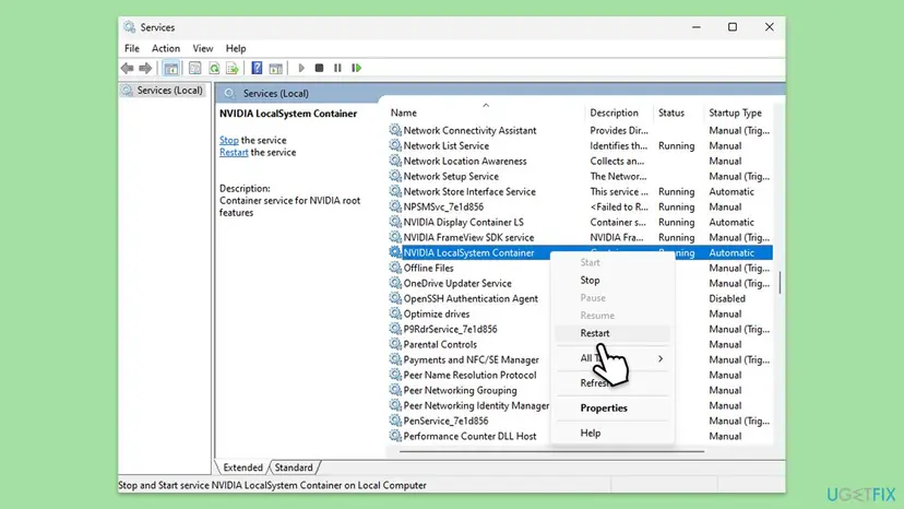 Windows 11 Services window with NVIDIA LocalSystem Container selected, status Running, startup type Automatic and the description Container service for NVIDIA root features