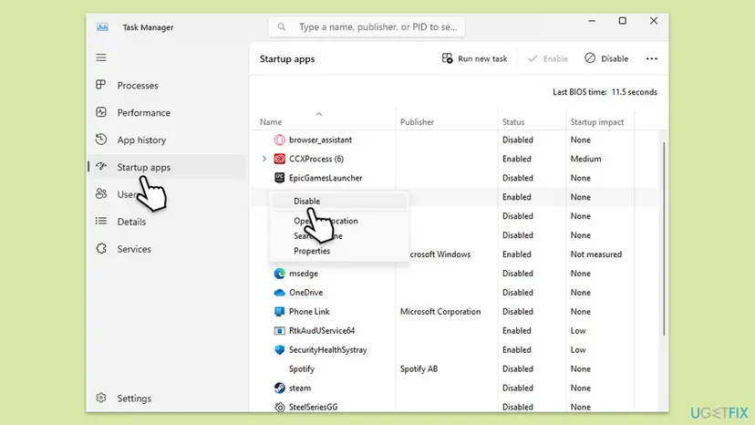 Windows 11 Task Manager on the Startup apps page with the right-click menu open on an entry and the Disable command selected