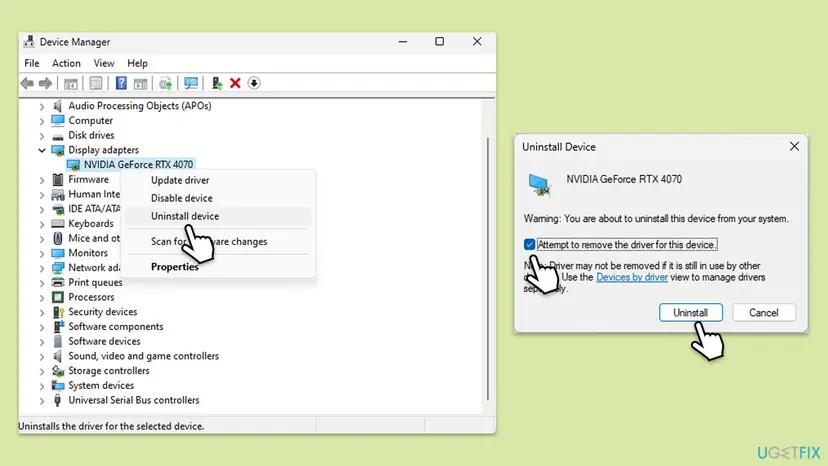 Device Manager on Windows 11 with an NVIDIA GeForce RTX 4070 under Display adapters and the Uninstall Device dialog with the remove driver box ticked