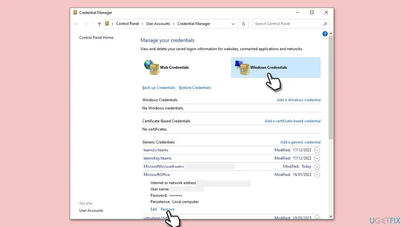 Credential Manager in Control Panel with Windows Credentials selected and a MicrosoftOffice entry under Generic Credentials expanded to show the Remove link