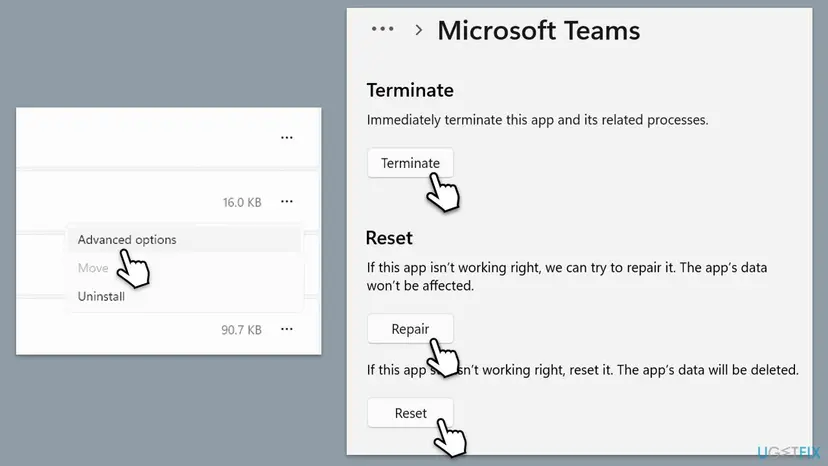 Windows 11 Installed apps with Advanced options for Microsoft Teams, and the Terminate, Repair and Reset buttons on its settings page