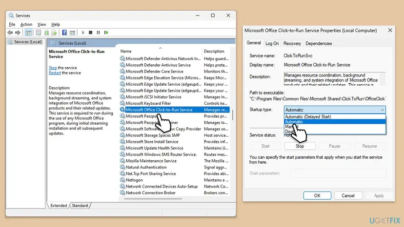 Windows 11 Services window with Microsoft Office Click-to-Run Service selected, next to its Properties window showing the service name ClickToRunSvc and the Startup type list open on Automatic