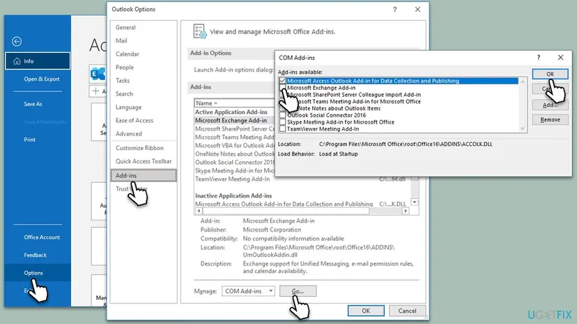 Outlook Options on the Add-ins page with Manage set to COM Add-ins and the COM Add-ins dialog open, showing the add-in list, its Location and Load Behavior Load at Startup