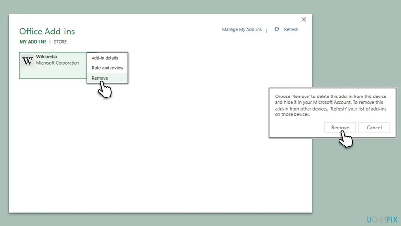 Office Add-ins window on the MY ADD-INS tab with an add-in tile menu open on Remove, and the confirmation box with Remove and Cancel buttons