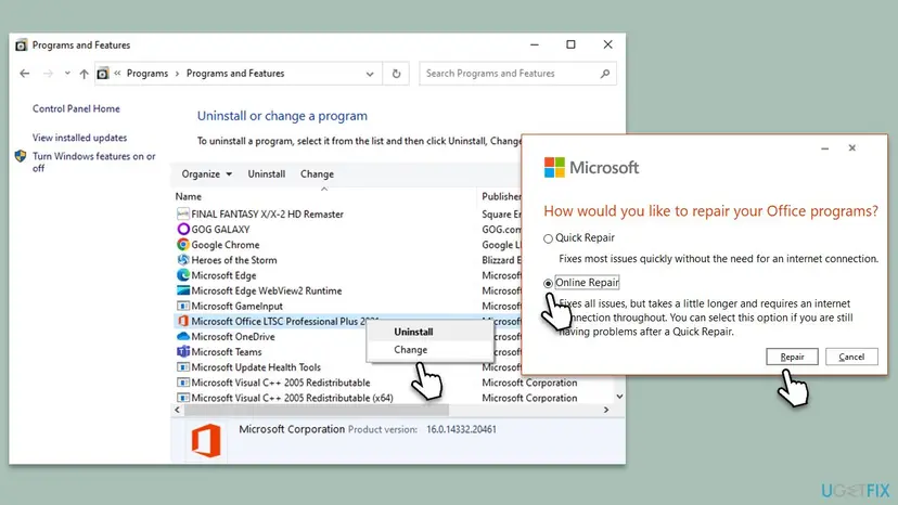 Programs and Features with Microsoft Office selected and Change chosen, next to the window How would you like to repair your Office programs with Quick Repair and Online Repair