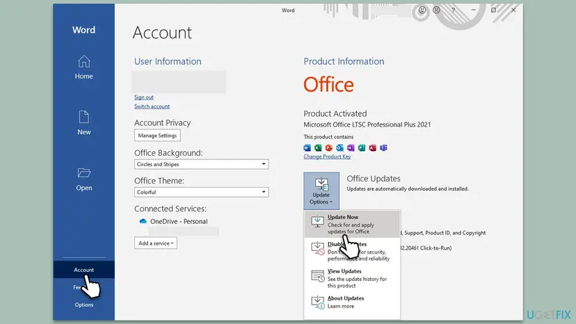 Word's Account page with Product Information, the Update Options menu open and Update Now, Check for and apply updates for Office highlighted