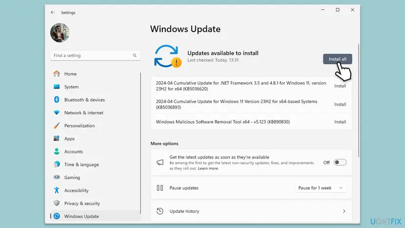 Windows 11 Settings on Windows Update with Updates available to install, a list of cumulative updates and the Install all button