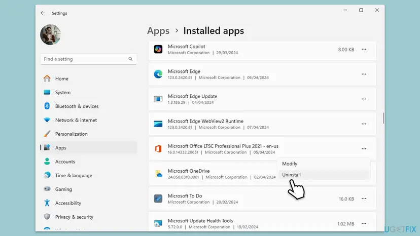 Windows 11 Settings on Apps, Installed apps with the menu of Microsoft Office LTSC Professional Plus 2021 open and Uninstall selected