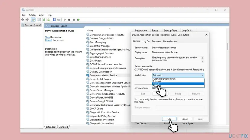 Services window on Windows 11 with the Device Association Service Properties dialog open: service name DeviceAssociationService, the description Enables pairing between the system and wired or wireless devices, and the Startup type list