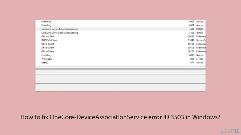 Event Viewer System log on a French Windows 11 PC with two OneCore-DeviceAssociationService errors, ID 3503 and task category 5000, between Dhcp-Client events and the EventLog start events 6009 and 6005