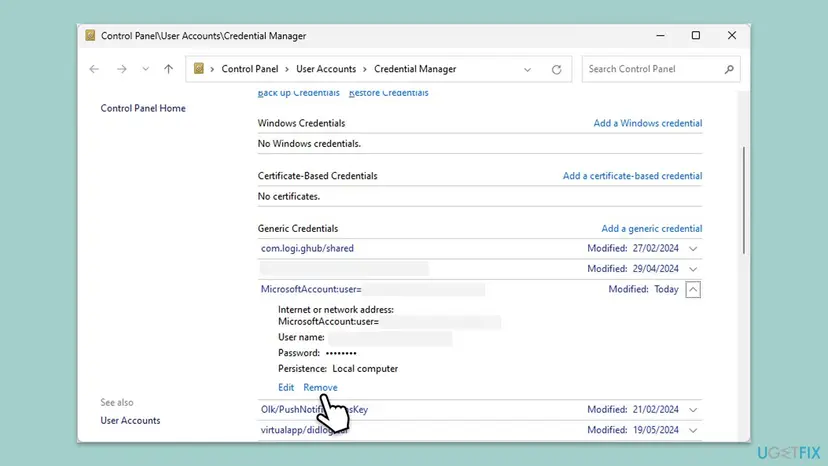 Credential Manager in Control Panel with the Generic Credentials list and a MicrosoftAccount:user entry expanded to show its Edit and Remove links