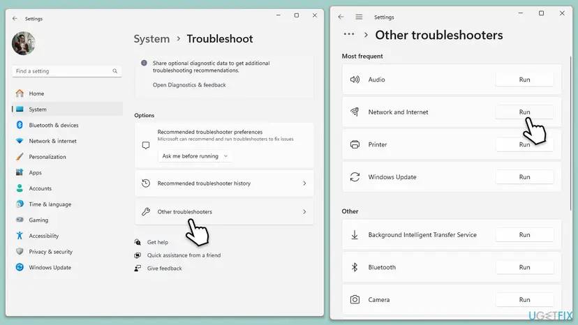 Windows 11 Settings, System, Troubleshoot, Other troubleshooters, with the Run button next to Network and Internet selected