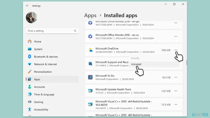 Windows 11 Settings, Apps, Installed apps, with the menu of Microsoft OneDrive open and the Uninstall entry selected