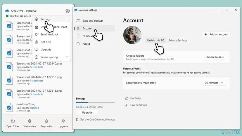 OneDrive menu with Settings selected next to the OneDrive Settings window, Account tab, with the Unlink this PC link under the profile picture