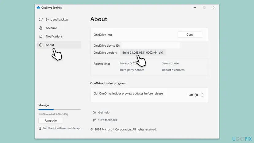 OneDrive Settings window, About tab, showing the OneDrive version build number in the OneDrive info box