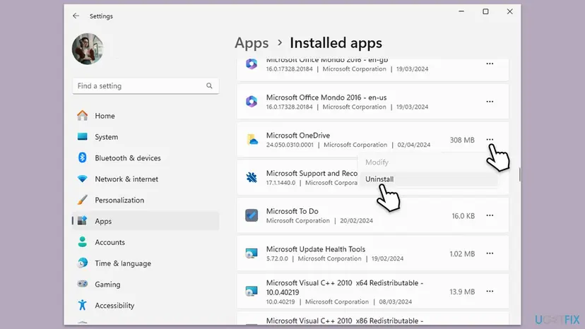 Windows 11 Settings, Apps, Installed apps, with the three-dot menu of Microsoft OneDrive open and the Uninstall entry selected