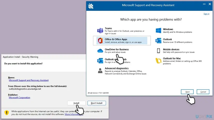 Microsoft Support and Recovery Assistant start screen with OneDrive for Business selected among the apps, next to the Application Install security prompt with the Install button