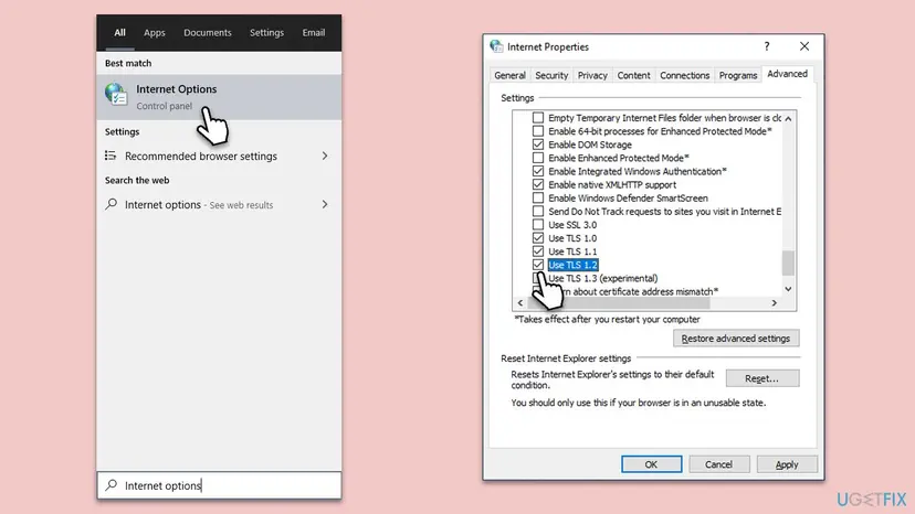 Start search with Internet Options selected next to the Internet Properties window, Advanced tab, with Use TLS 1.0, Use TLS 1.1 and Use TLS 1.2 ticked
