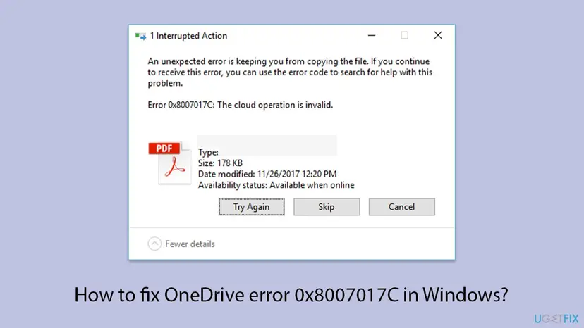 Windows dialog titled 1 Interrupted Action with the text Error 0x8007017C: The cloud operation is invalid, a PDF with Availability status Available when online, and the buttons Try Again, Skip and Cancel