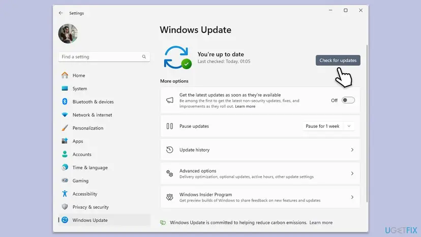 Windows 11 Settings on the Windows Update page with the Check for updates button highlighted