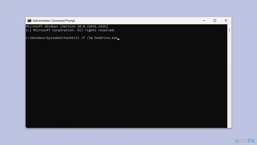 Command Prompt window on Windows 11 with the command taskkill /f /im OneDrive.exe typed at the prompt
