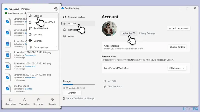 OneDrive panel with the gear menu open on Settings, and the OneDrive Settings window on the Account tab with the Unlink this PC button