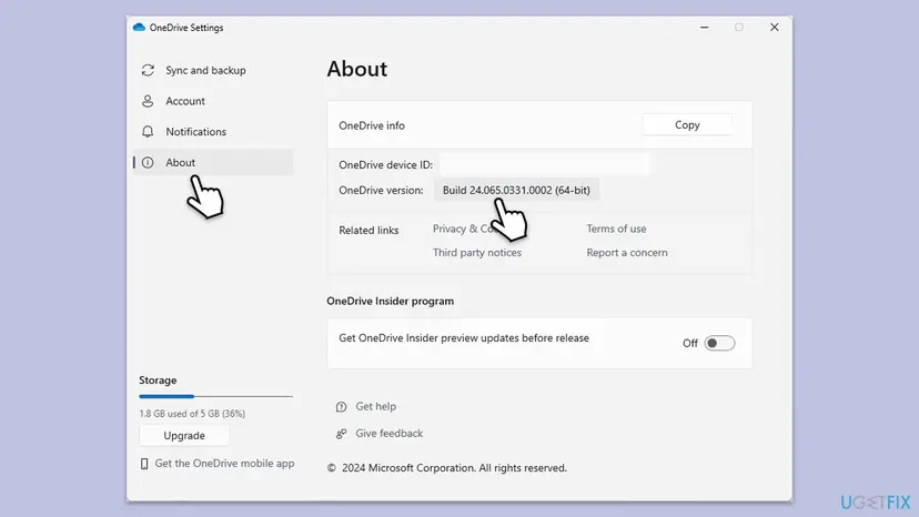 OneDrive Settings window on the About tab with the OneDrive version line showing the build number and a pointer on it