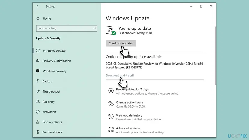 Windows 10 Settings on the Windows Update page with the Check for updates button and an optional quality update with a Download and install link