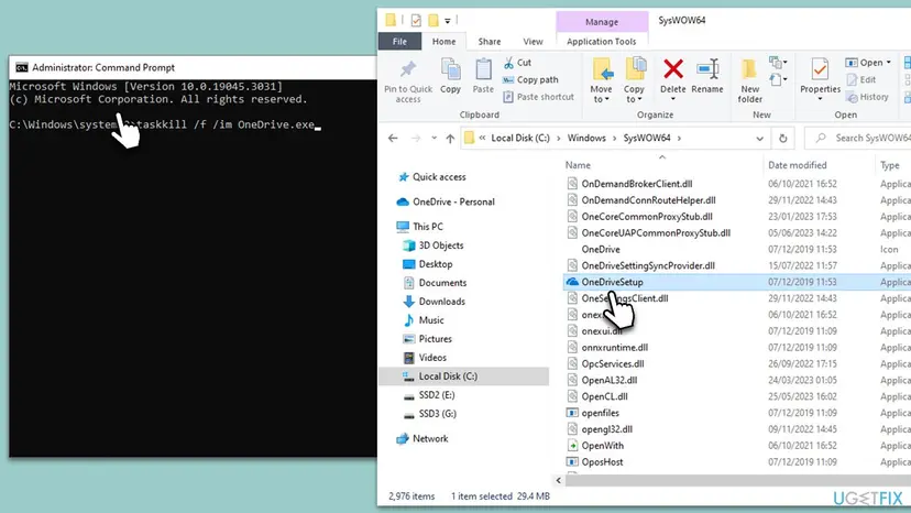 Administrator Command Prompt with the command taskkill /f /im OneDrive.exe typed at the prompt, next to a File Explorer window