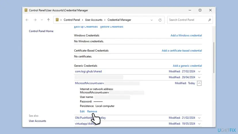 Credential Manager in Control Panel, Windows Credentials, with the Generic Credentials list and one entry expanded to show its Edit and Remove links