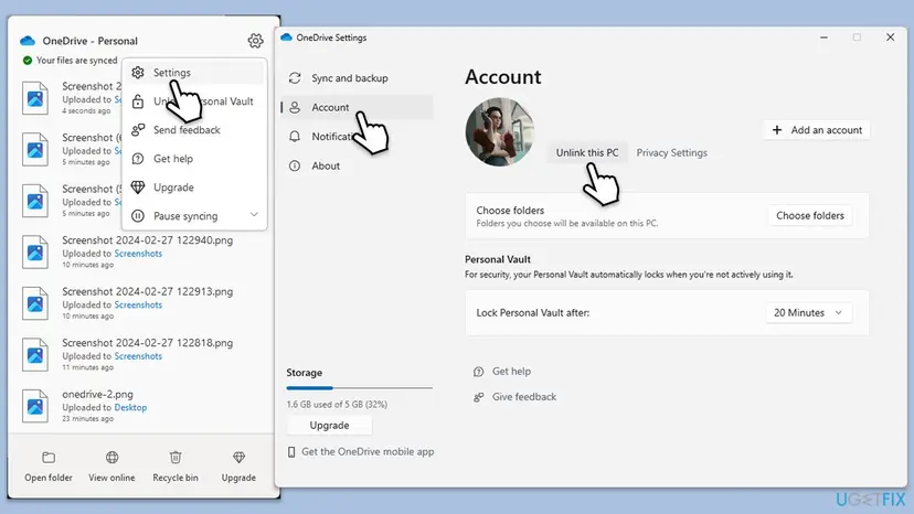 OneDrive menu with Settings selected next to the OneDrive Settings window, Account tab, with the Unlink this PC link under the profile picture