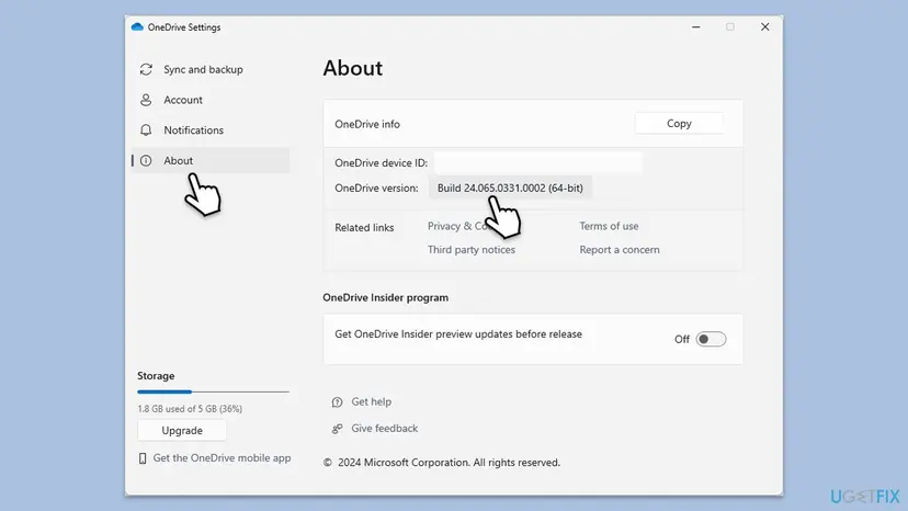 OneDrive Settings window, About tab, showing the OneDrive version build number in the OneDrive info box