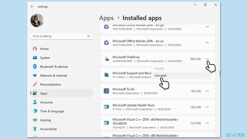 Windows 11 Settings, Apps, Installed apps, with the menu of Microsoft OneDrive open and the Uninstall entry selected