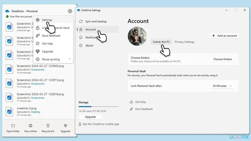 OneDrive menu with Settings selected next to the OneDrive Settings window, Account tab, with the Unlink this PC link under the profile picture