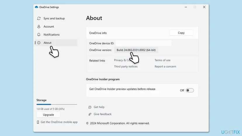 OneDrive Settings window, About tab, showing the OneDrive version build number in the OneDrive info box